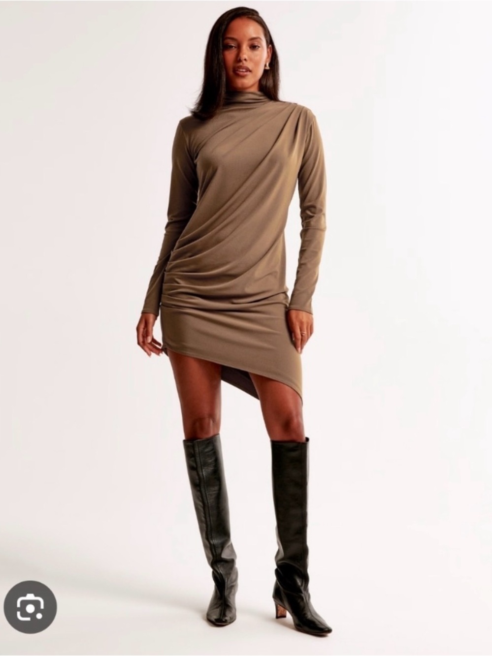 Abercrombie & Fitch Olive Asymmetric Ruched Long-Sleeve Mini Dress